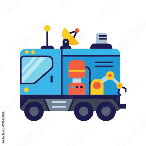 A blue, futuristic robot rover with a satellite dish and robotic arm.