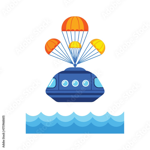 A blue submarine with parachutes descends onto waves.