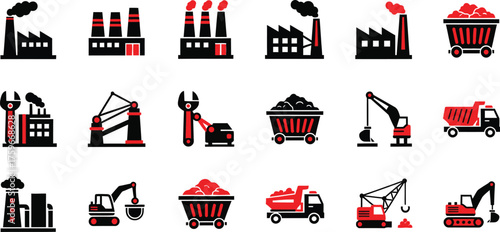 construction icon set with factory and truck symbols perfect for industrial manufacturing design projects