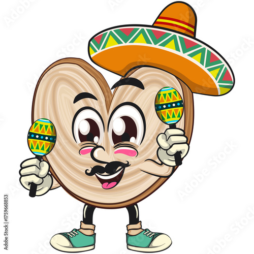 cute palmier cookie mascot cartoon vector illustration isolated have mustache and wears a sombrero and plays with maracas, work of hand drawn