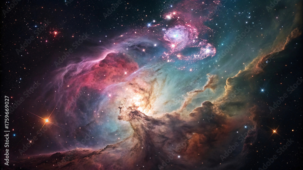 Obraz premium Stunning space nebula photograph showing swirling pink, blue, purple, and golden clouds with bright stars scattered throughout deep cosmic darkness creating ethereal scene.