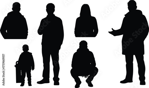 Silhouette collection of people in casual winter clothing including man woman and child standing sitting and walking vector illustration