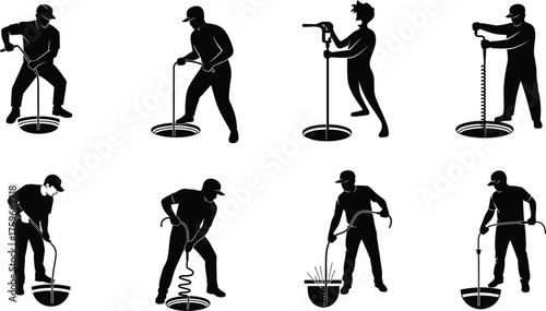Drain cleaning, plumbing tools, pipe maintenance, technician silhouette, sewer unclogging, manual auger, flat vector, plumbing service, repair work, professional illustration
