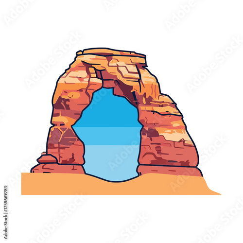 Stylized of a large sandstone arch with a blue sky background.
