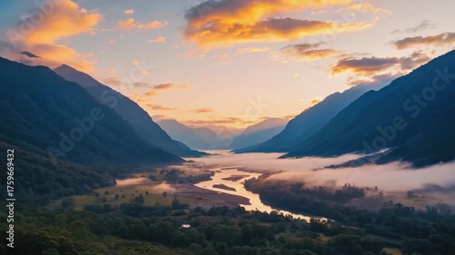 Beautiful valley with river and mountains at sunset with golden light