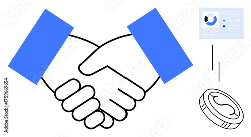 Handshake symbolizing partnership, coin for financial exchange, and chart implying digital agreement. Ideal for business, collaboration, finance, trust, contract teamwork investment. Simple flat