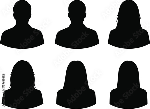 Silhouette set of male and female profile avatars, black head icons, modern flat vector design for business identity and social media