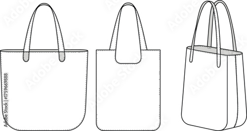 Tote bag front back and side view, rectangular shape with handles, stitched edges, plain shopping bag, cad drawing flat vector illustration