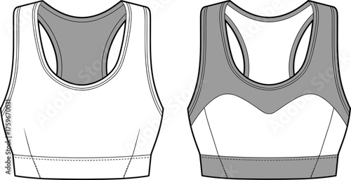 Tote bag front and back view, trapezoid shape with reinforced stitched handles, plain shopping bag design, cad drawing flat vector illustration