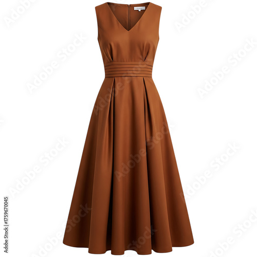 Elegant sleeveless v neck midi dress in rich rust color