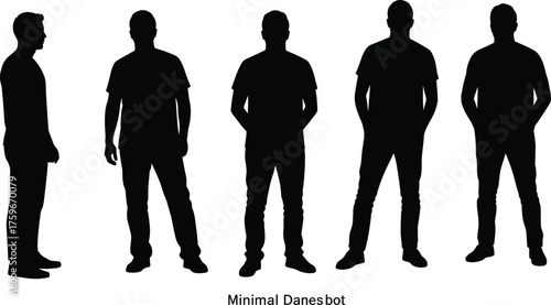 Silhouette of man standing in t-shirt various poses, black male body figure isolated on white background vector illustration design