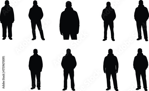 Silhouette of man standing in hoodie, multiple poses collection isolated on white background, full body male vector illustration design