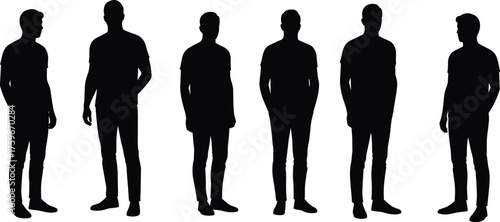 Silhouette collection of men standing in various poses, isolated on white background, casual male figure design, modern vector illustration