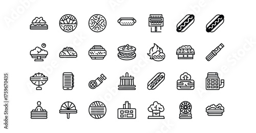 A collection of various food and object icons displayed in a grid pattern on a white background silhouette