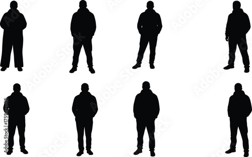 Silhouette of men wearing hoodies in various standing poses, casual streetwear style, black figure outline isolated on white background