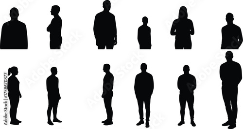 Collection of standing male and female silhouettes in various casual poses, black human outline vector illustration on white background