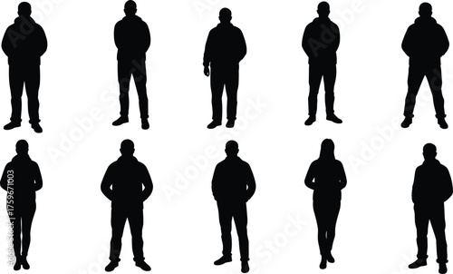 Silhouette of men and women standing in casual poses isolated on white background, modern human figure vector illustration design concept