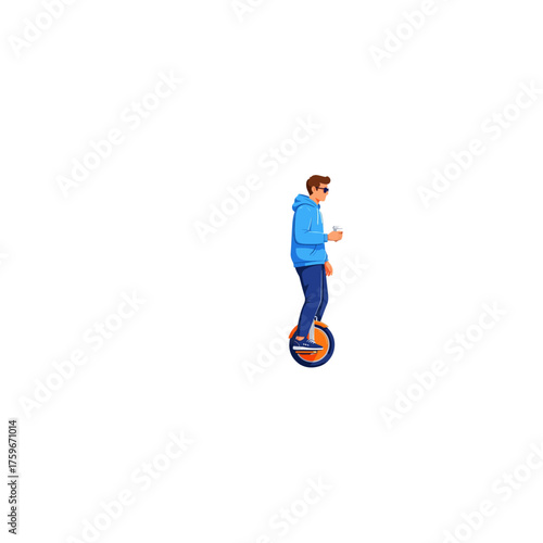 Young man riding a modern electric unicycle, showcasing urban mobility and futuristic transport.