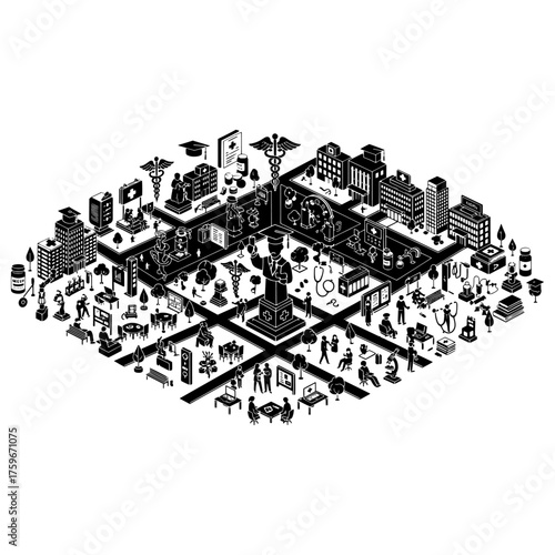 Intricate isometric diagram of a stylized cityscape featuring diverse architectural styles and human figures engaged in daily activities symbolizing urban life and community vector