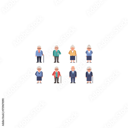 Collection of Diverse Elderly People Posing with Walking Sticks.