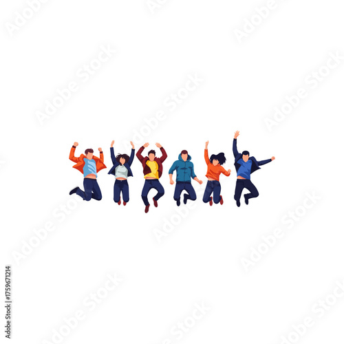 Group of diverse young people jumping in the air with excitement and joy.