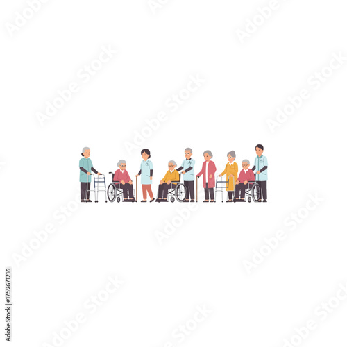 Healthcare professionals providing care for a group of senior citizens.