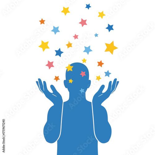 Silhouette of a person with hands up, catching colorful stars.