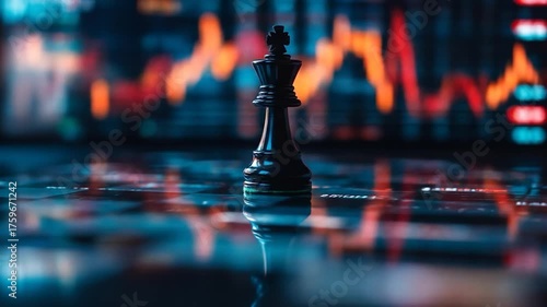 A black chess king stands against a blurred background of stock market graphs