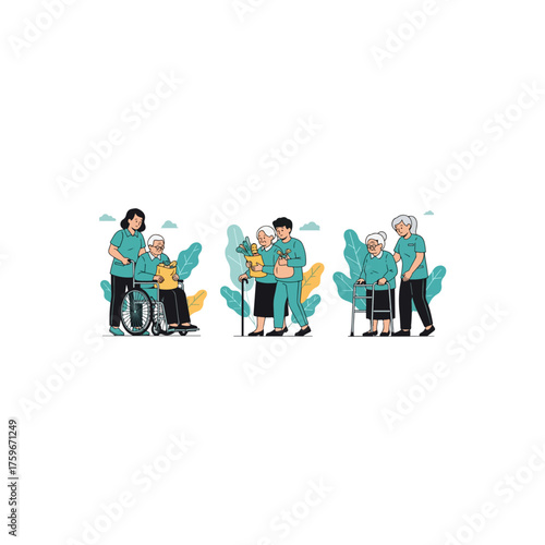 Illustrations of Caregivers Assisting Elderly Individuals in Various Scenarios.