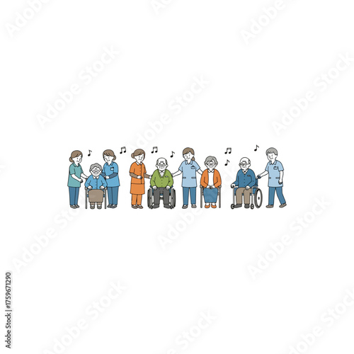 Diverse group of elderly people and caregivers enjoying music together.