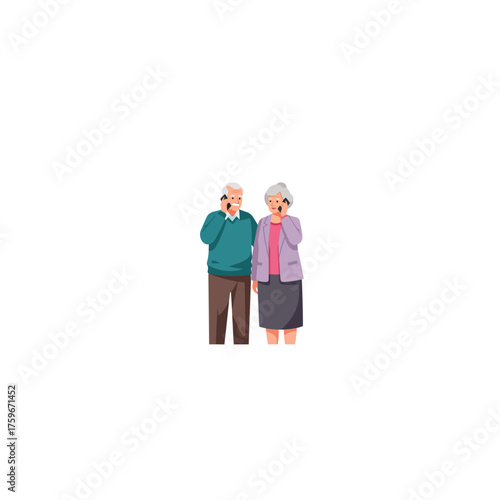 Elderly couple happily talking on their mobile phones together.