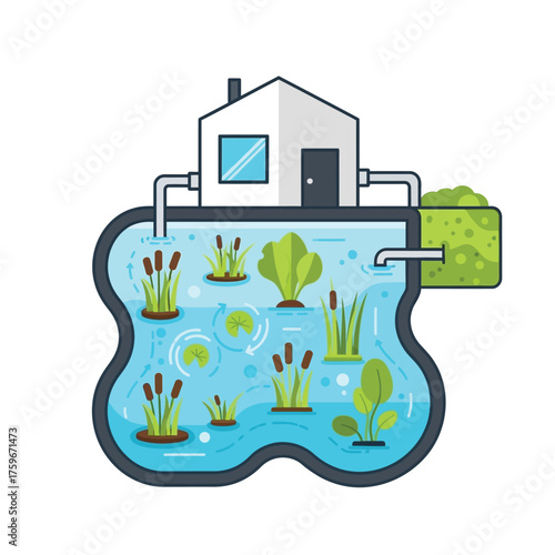 of a house connected to a septic tank and a purification pond.