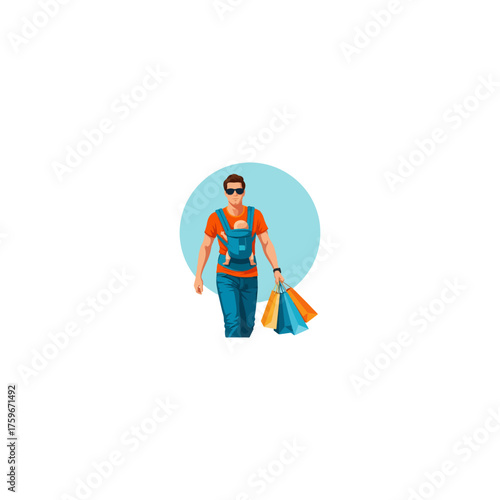 Father carrying baby in carrier while shopping, enjoying family outing.