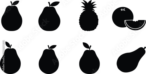 Fruit silhouette vector collection of pear, pineapple, orange, papaya, healthy organic food icons, minimal black design illustration