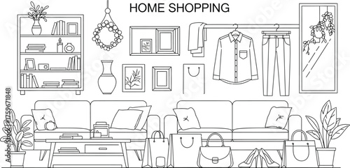 Home shopping concept illustration isolated on white background line art drawing of furniture, plants, and decorations for interior design home decor elements for online store or catalog