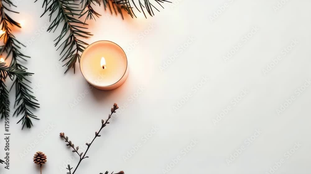 Minimalist holiday setting with candle and evergreen branches on white background