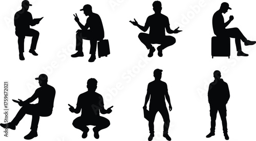 Silhouette of men sitting squatting standing reading using phone vector illustration for business casual communication and lifestyle concept