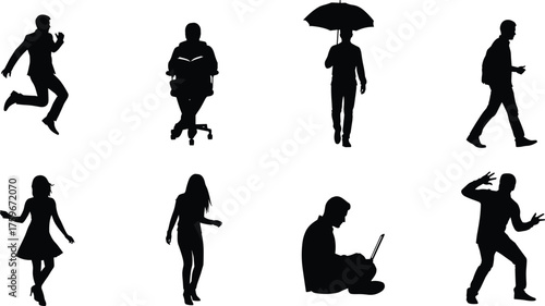 Silhouette of men and women walking sitting dancing jumping using laptop umbrella vector illustration for business lifestyle and motion concept