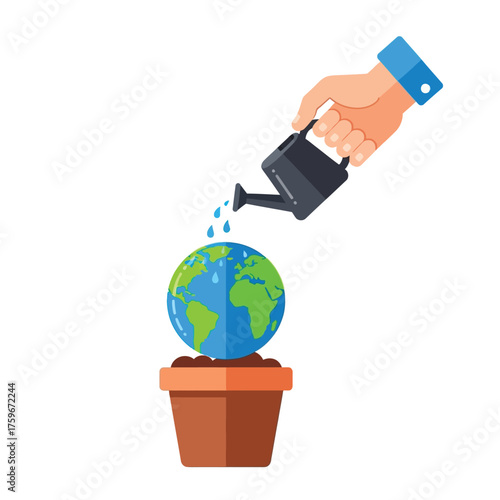 A hand waters the Earth in a flower pot.