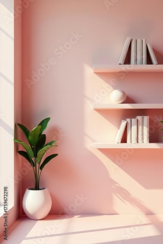 Soft pastel walls, minimalist shelves, ideal video call background , virtual, pastel tones, video conferencing