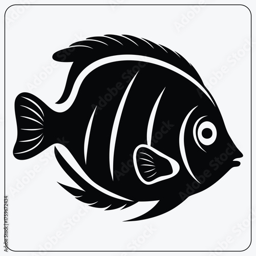 Stylized tropical fish illustration. Black and white angelfish or butterflyfish. Vector graphic for an aquarium, pet shop, or seafood logo.