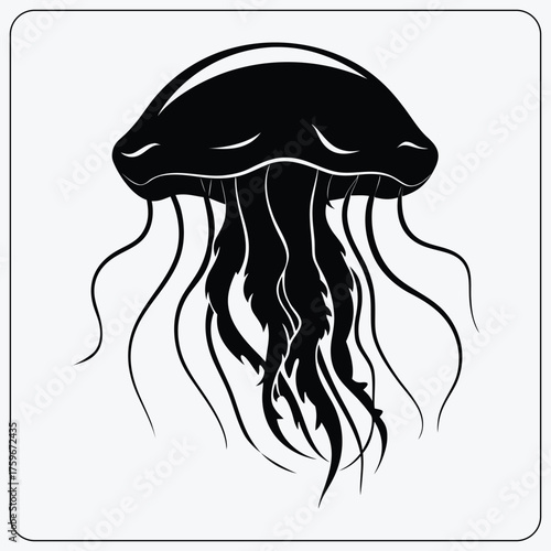 Stylized jellyfish illustration. Black and white sea creature with long tentacles. Vector graphic for an aquarium logo or tattoo design.