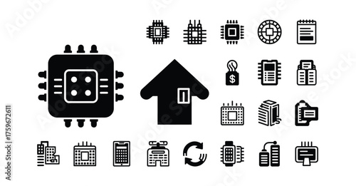 A collection of black and white icons featuring technology buildings and finance related symbols silhouette