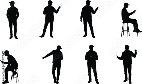 Silhouette of men standing, sitting, and pointing in different poses, casual style, communication, teamwork, lifestyle, isolated on white