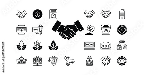 A collection of black and white icons representing business deals and financial transactions silhouette