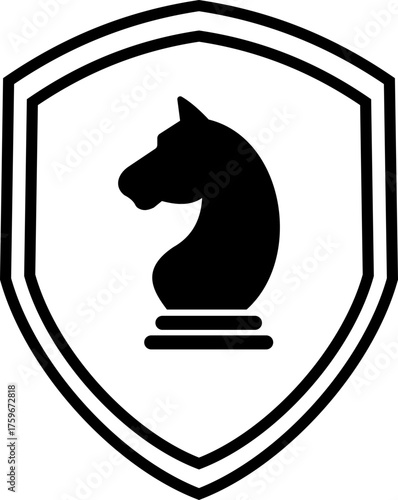 Black knight shield vector icon in flat and line style, chess horse emblem, armor protection symbol, medieval crest design, security badge silhouette, isolated illustration