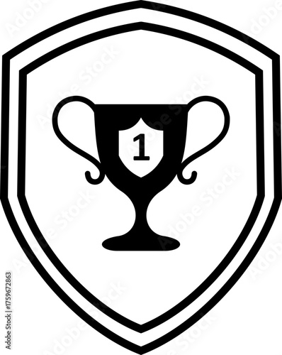 Black and white trophy icon and achievement award group in flat and line style vector design, minimalist number one prize and championship symbols for victory and success logo