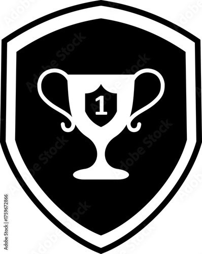 Black and white trophy icon and achievement award group in flat and line style vector design, minimalist number one prize and championship symbols for victory and success logo