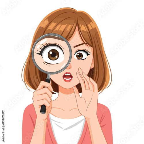 A surprised woman holds a magnifying glass to her eye, examining it closely with an open mouth and hand to her cheek.
