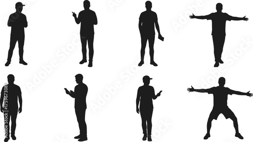 Silhouette collection of men standing in different body postures and gestures, isolated on white background, vector human pose illustration